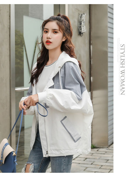 Hooded Coat Casual Zipper Women 3 Colors Patchwork Polyester Pockets Letter Trench Fashion