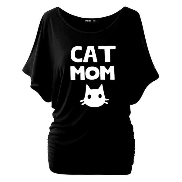 Cat Mom Print Women Bat sleeve