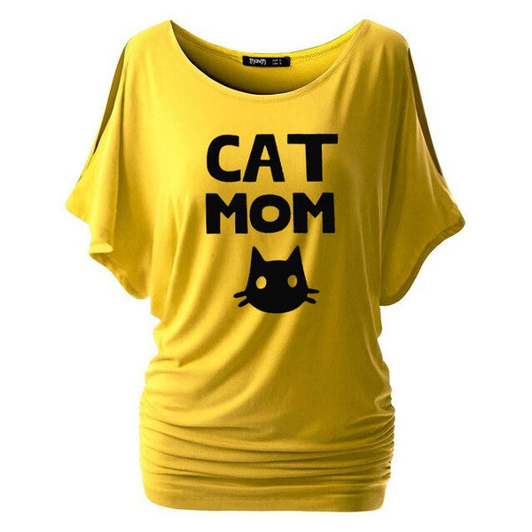 Cat Mom Print Women Bat sleeve
