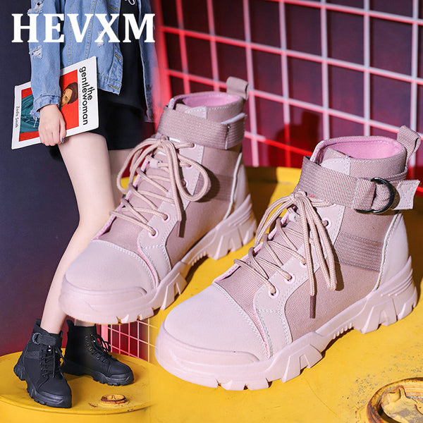 HEVXM mid heel Sneakers Women Fashion High help Martin Black/Pink/beige