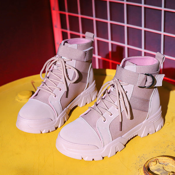 HEVXM mid heel Sneakers Women Fashion High help Martin Black/Pink/beige