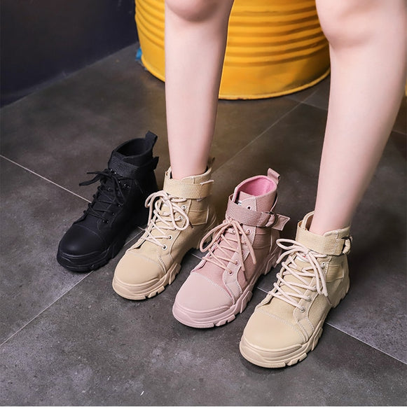 HEVXM mid heel Sneakers Women Fashion High help Martin Black/Pink/beige