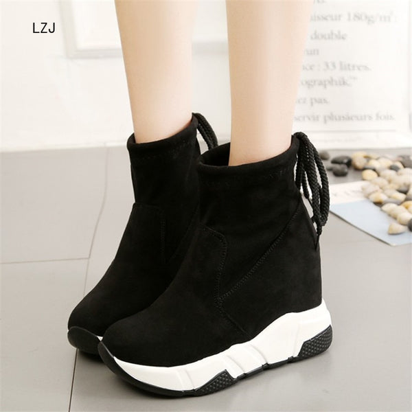 LZJ Women Ankle Boots Platforms Shoes Woman High Heels Inside Height Increasing