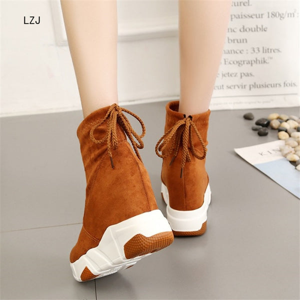 LZJ Women Ankle Boots Platforms Shoes Woman High Heels Inside Height Increasing