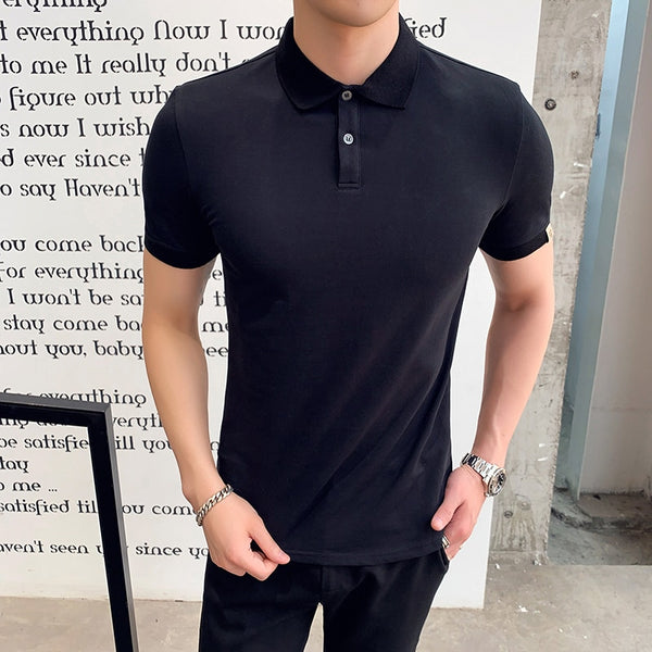 British Style Black Polo Shirt Men Summer Back Print Short Sleeve