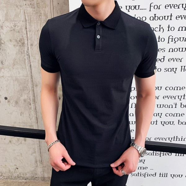 British Style Black Polo Shirt Men Summer Back Print Short Sleeve