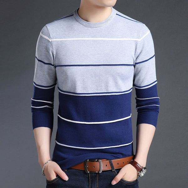 Knitted Large O-neck Striped Patchwork Men's