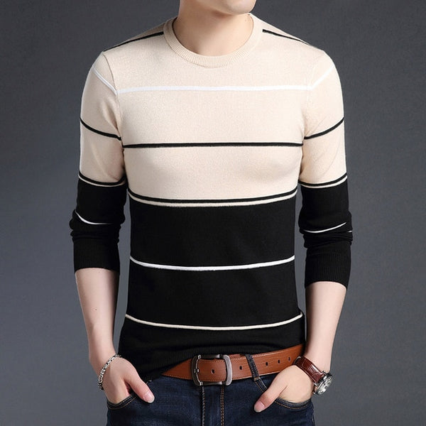 Knitted Large O-neck Striped Patchwork Men's