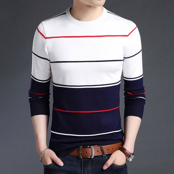 Knitted Large O-neck Striped Patchwork Men's