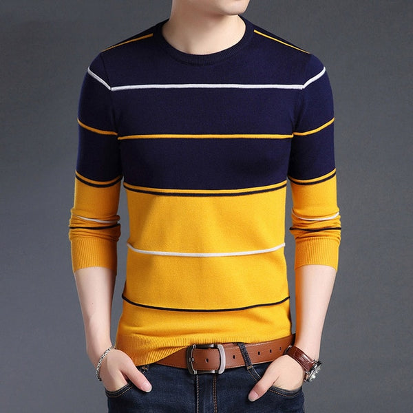 Knitted Large O-neck Striped Patchwork Men's
