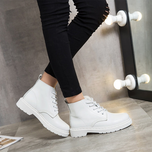 Genuine Leather Women white ankle Boots motorcycle  Shoes Woman punk Motorcycle Boots