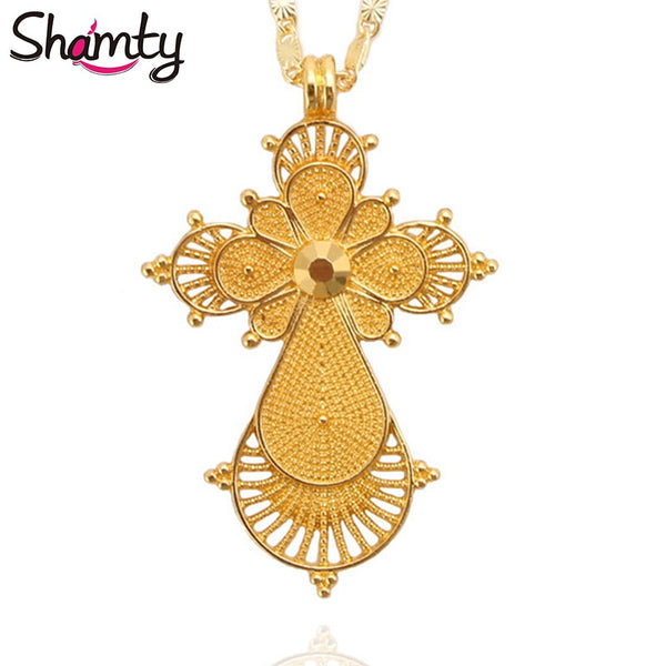 Shamty Pure Gold Color Ethiopian Cross Necklace No Stone African Nigeria Sudan
