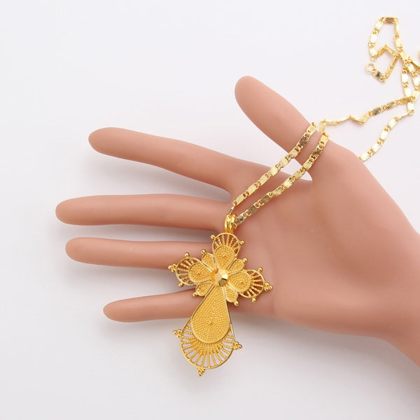 Shamty Pure Gold Color Ethiopian Cross Necklace No Stone African Nigeria Sudan