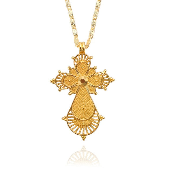Shamty Pure Gold Color Ethiopian Cross Necklace No Stone African Nigeria Sudan