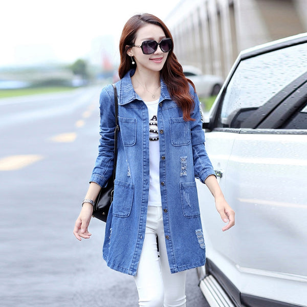 Long Denim Jacket  Women Vintage Slim Autumn Winter Outerwear Fashion Single Breasted Bomber Jackets Overcoat