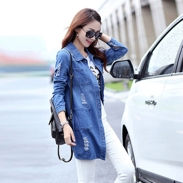 Long Denim Jacket  Women Vintage Slim Autumn Winter Outerwear Fashion Single Breasted Bomber Jackets Overcoat