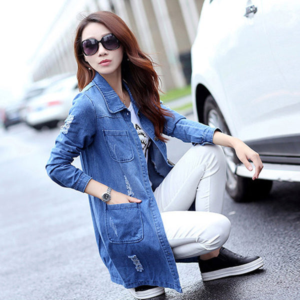 Long Denim Jacket  Women Vintage Slim Autumn Winter Outerwear Fashion Single Breasted Bomber Jackets Overcoat