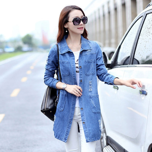 Long Denim Jacket  Women Vintage Slim Autumn Winter Outerwear Fashion Single Breasted Bomber Jackets Overcoat