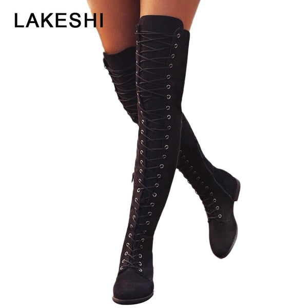 Sexy Lace Up Over Knee Boots Women rome style Boots Women Flats Shoes Woman suede long Boots