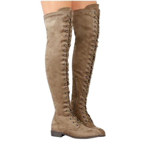 Sexy Lace Up Over Knee Boots Women rome style Boots Women Flats Shoes Woman suede long Boots