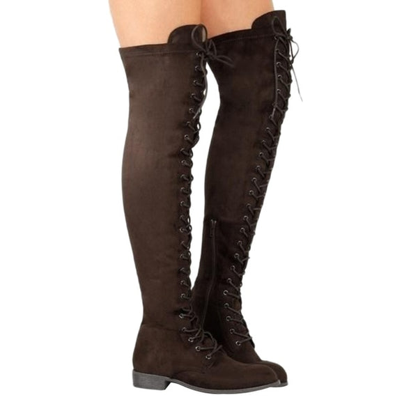 Sexy Lace Up Over Knee Boots Women rome style Boots Women Flats Shoes Woman suede long Boots