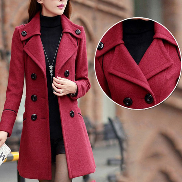 Fashion Solid Winter Woolen Coats For Women Double Breasted Overcoat Turn-down Collar Slim