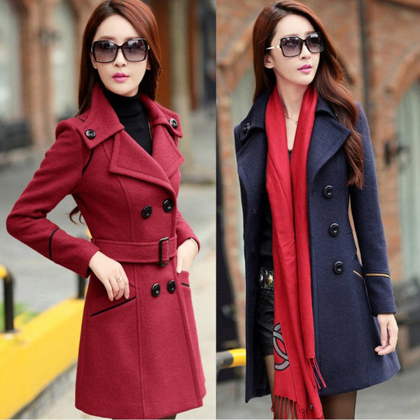 Fashion Solid Winter Woolen Coats For Women Double Breasted Overcoat Turn-down Collar Slim