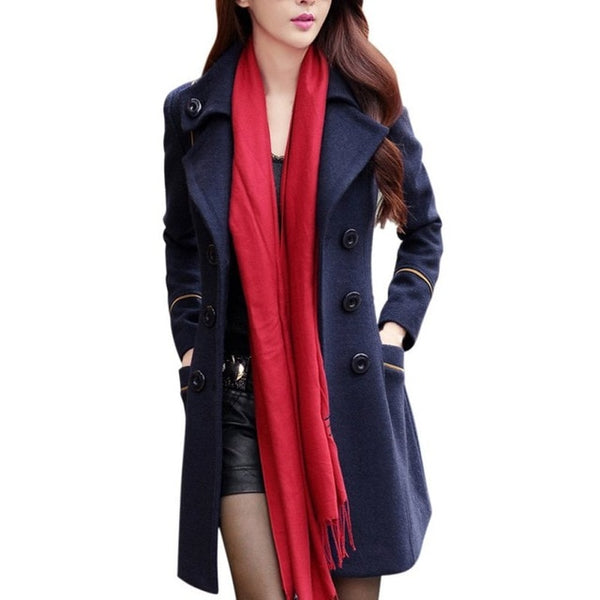 Fashion Solid Winter Woolen Coats For Women Double Breasted Overcoat Turn-down Collar Slim