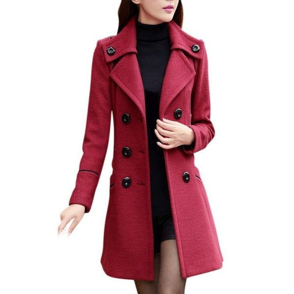 Fashion Solid Winter Woolen Coats For Women Double Breasted Overcoat Turn-down Collar Slim