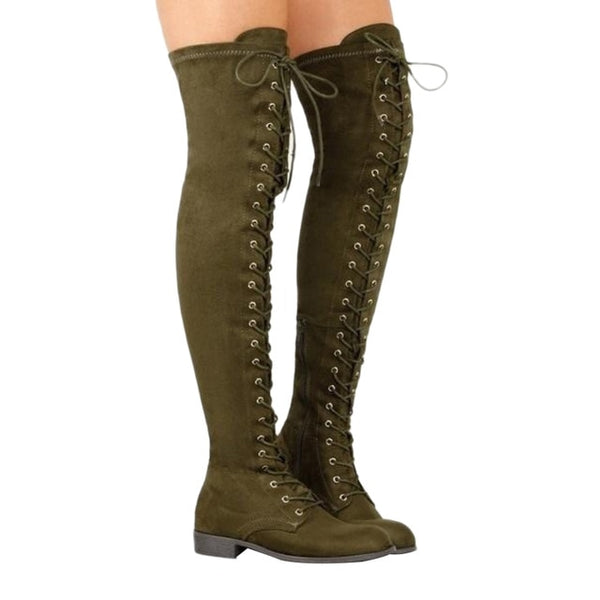 Sexy Lace Up Over Knee Boots Women rome style Boots Women Flats Shoes Woman suede long Boots