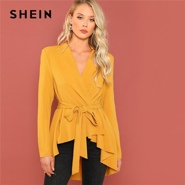 SHEIN Ginger Office Lady Elegant Asymmetrical Hem V neck Belted Solid Coat  Fashion Women Coats Outerwear