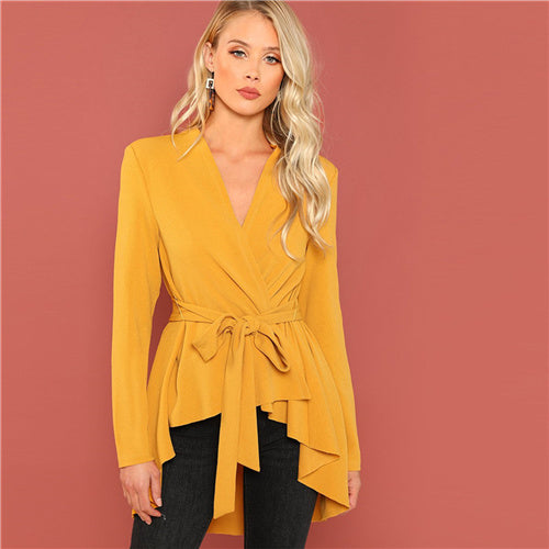 SHEIN Ginger Office Lady Elegant Asymmetrical Hem V neck Belted Solid Coat  Fashion Women Coats Outerwear