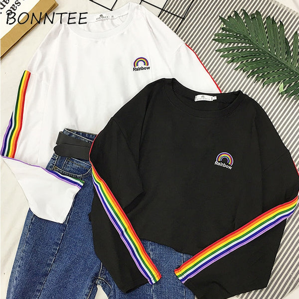 T-shirts Rainbow Striped Kawaii Long Sleeve Soft Loose Embroidery Korean Style