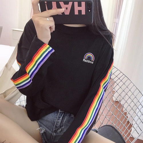 T-shirts Rainbow Striped Kawaii Long Sleeve Soft Loose Embroidery Korean Style