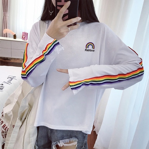 T-shirts Rainbow Striped Kawaii Long Sleeve Soft Loose Embroidery Korean Style