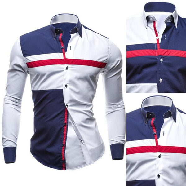 Spring Men Casual shirt Fashion Patchwork Long Sleeve