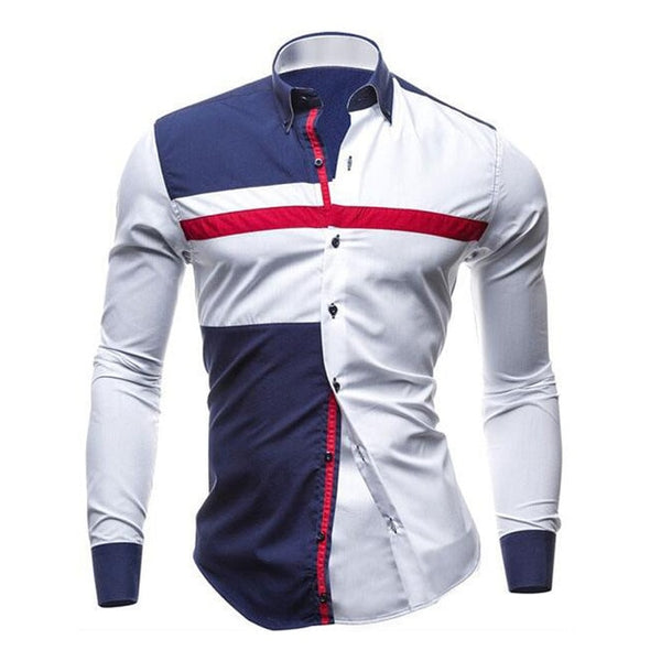 Spring Men Casual shirt Fashion Patchwork Long Sleeve