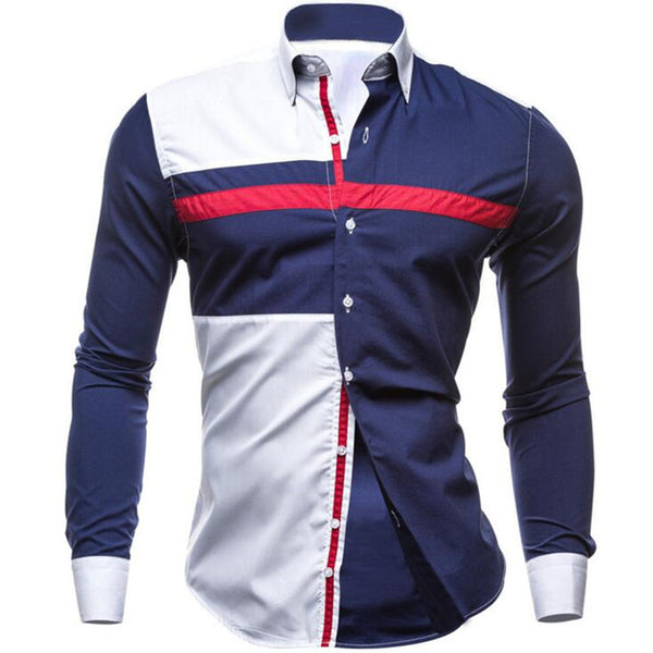 Spring Men Casual shirt Fashion Patchwork Long Sleeve
