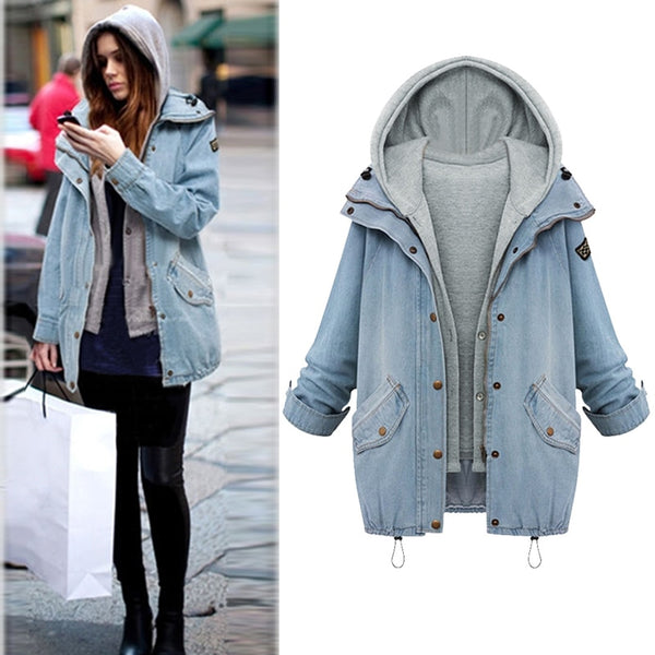 Women Two Piece Set Winter Denim Jacket Hooded Plus Size Casual Coat Lady Outerwear