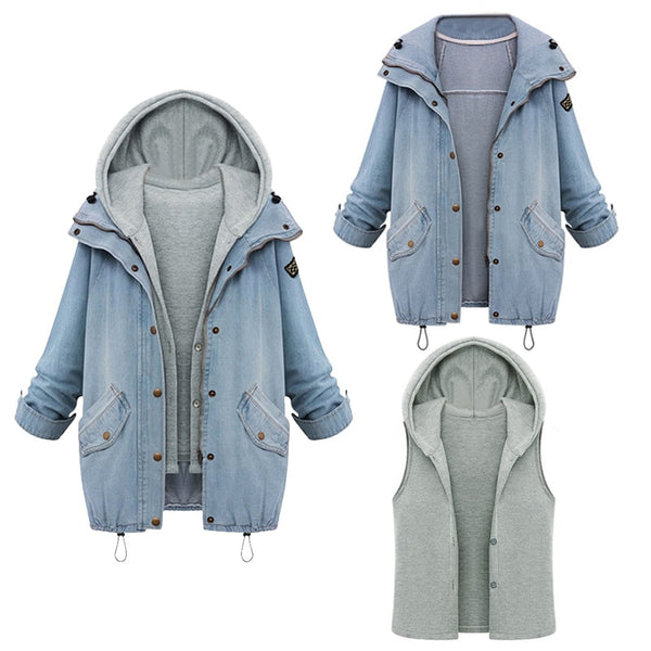 Women Two Piece Set Winter Denim Jacket Hooded Plus Size Casual Coat Lady Outerwear