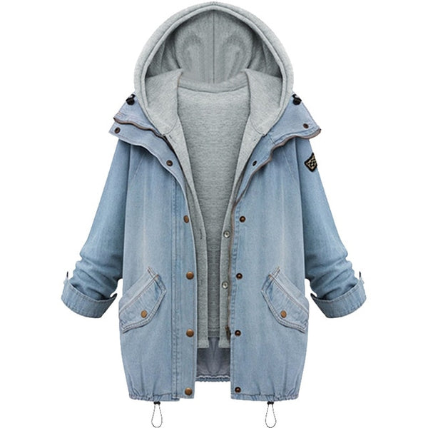 Women Two Piece Set Winter Denim Jacket Hooded Plus Size Casual Coat Lady Outerwear