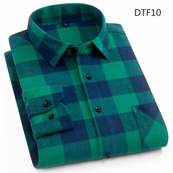 Spring Autumn Mens Flannel Plaid Shirts Cotton Casual Long Sleeve