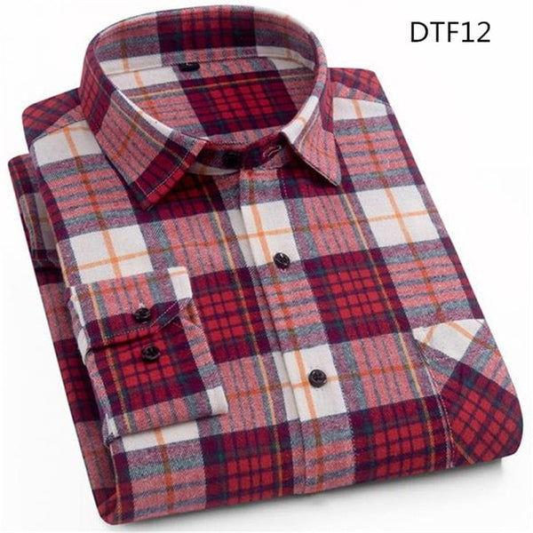 Spring Autumn Mens Flannel Plaid Shirts Cotton Casual Long Sleeve