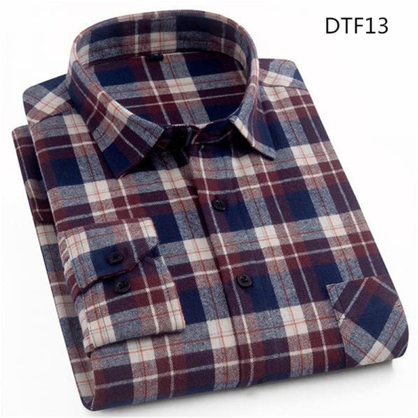 Spring Autumn Mens Flannel Plaid Shirts Cotton Casual Long Sleeve