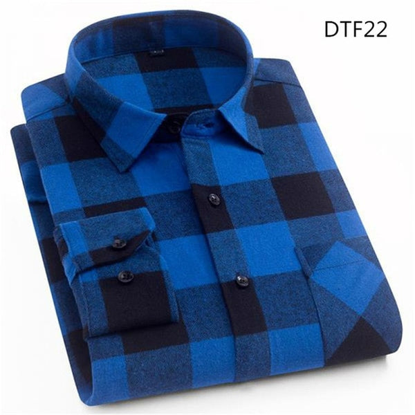 Spring Autumn Mens Flannel Plaid Shirts Cotton Casual Long Sleeve
