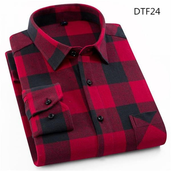 Spring Autumn Mens Flannel Plaid Shirts Cotton Casual Long Sleeve