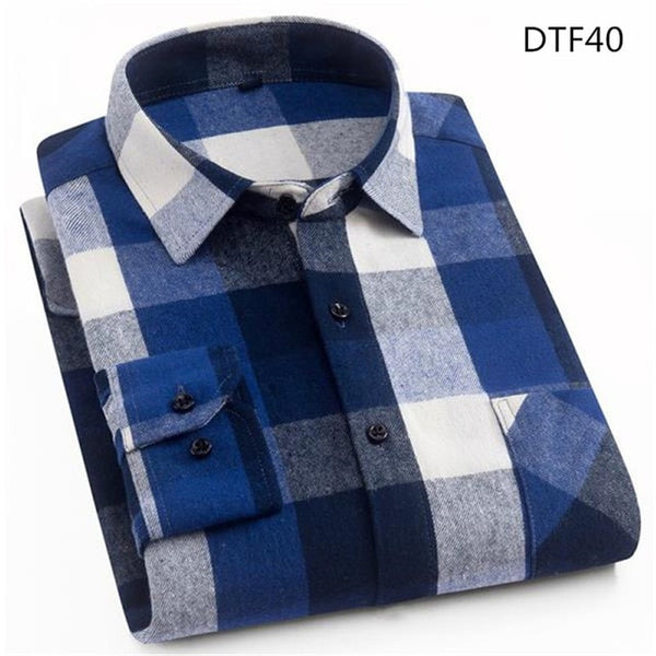 Spring Autumn Mens Flannel Plaid Shirts Cotton Casual Long Sleeve