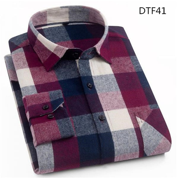 Spring Autumn Mens Flannel Plaid Shirts Cotton Casual Long Sleeve