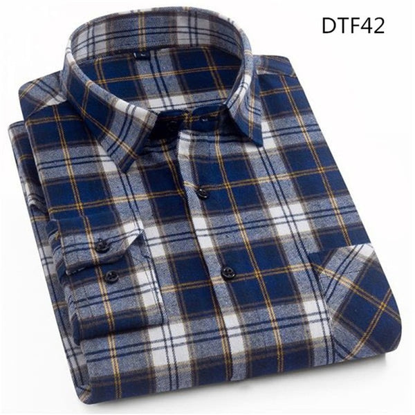 Spring Autumn Mens Flannel Plaid Shirts Cotton Casual Long Sleeve