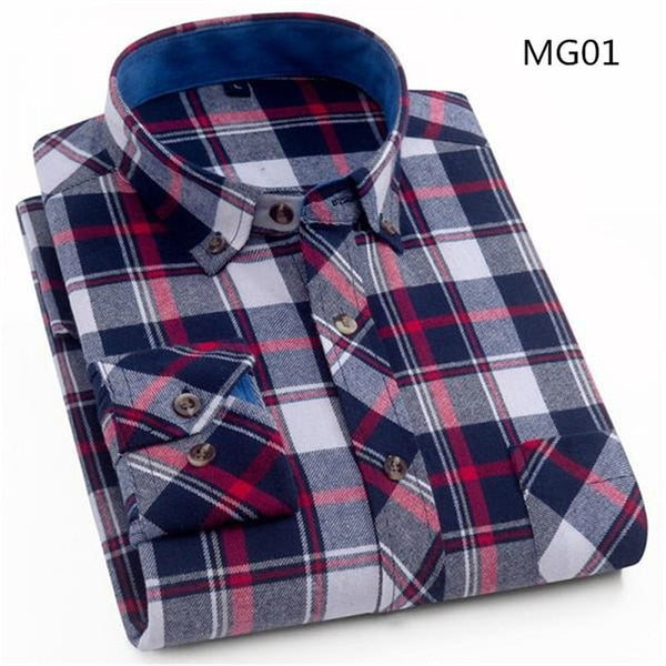 Spring Autumn Mens Flannel Plaid Shirts Cotton Casual Long Sleeve